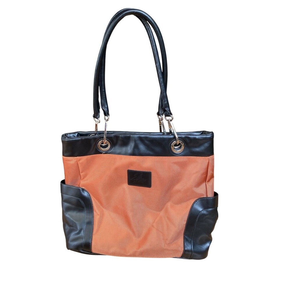 Joy Mangano Large Orange Black Drop Shoulder Handbag Purse Tote
